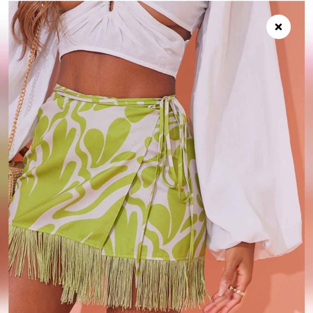 Green Abstract Floral Tassel Hem Wrap Mini Skirt